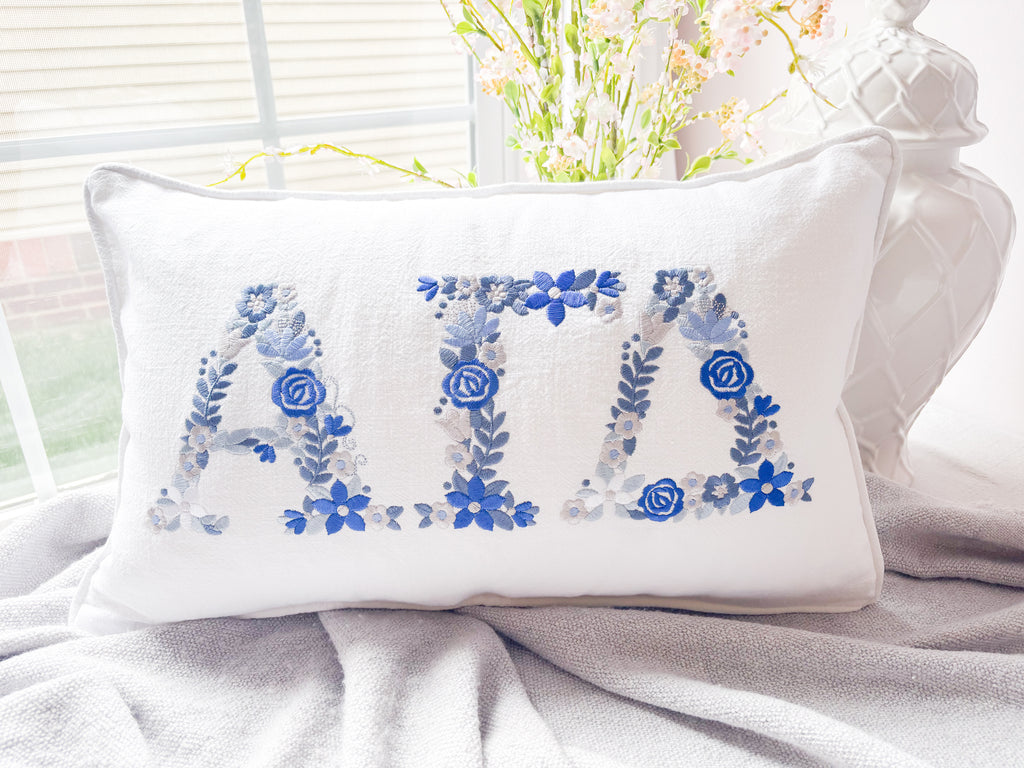 Custom Embroidered Floral Greek Letter White Linen Pillows