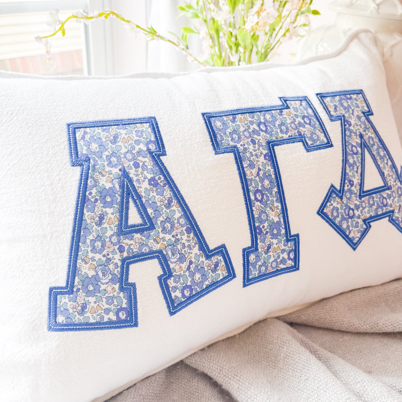 Betsy Blue Floral Greek Applique Pillow