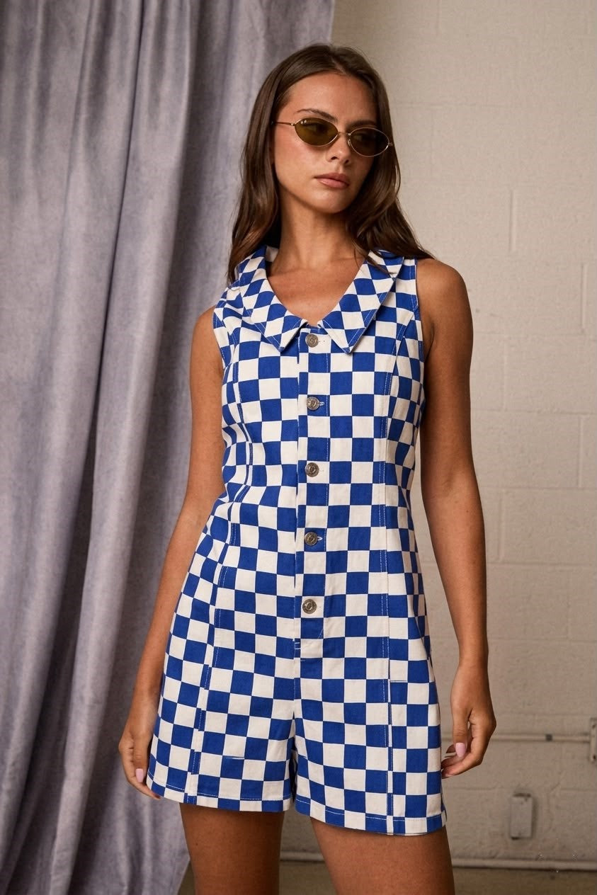 Denim Blue Checkered Romper