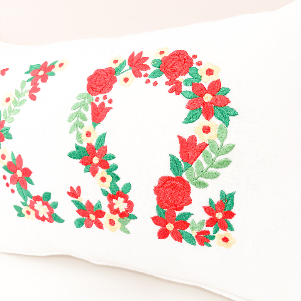 Custom Embroidered Floral Greek Letter White Linen Pillows