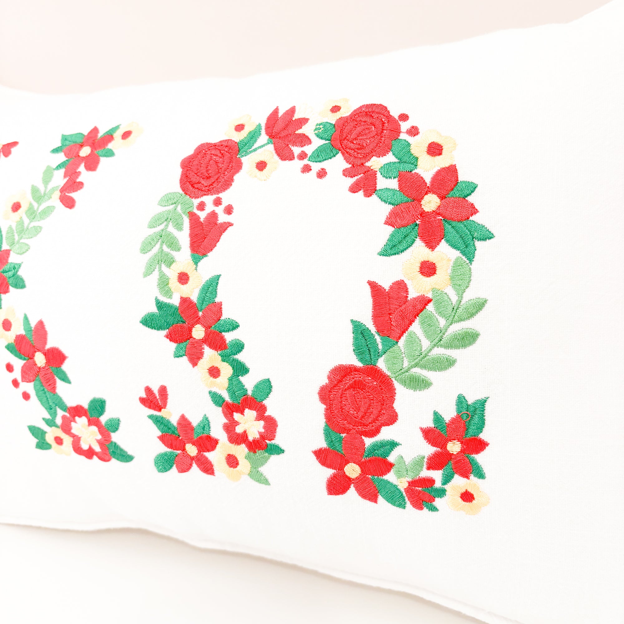 Custom Embroidered Floral Greek Letter White Linen Pillows