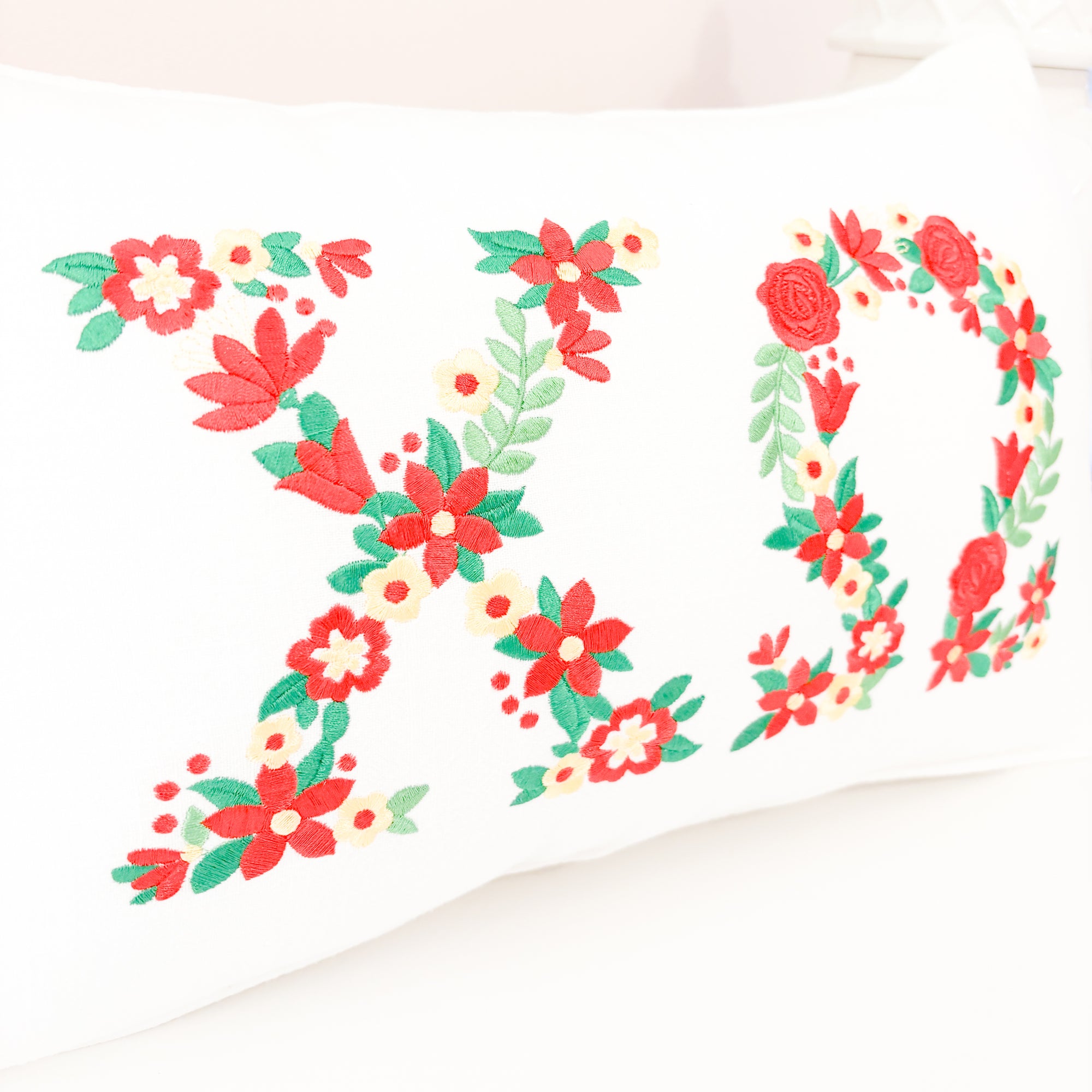 Custom Embroidered Floral Greek Letter White Linen Pillows