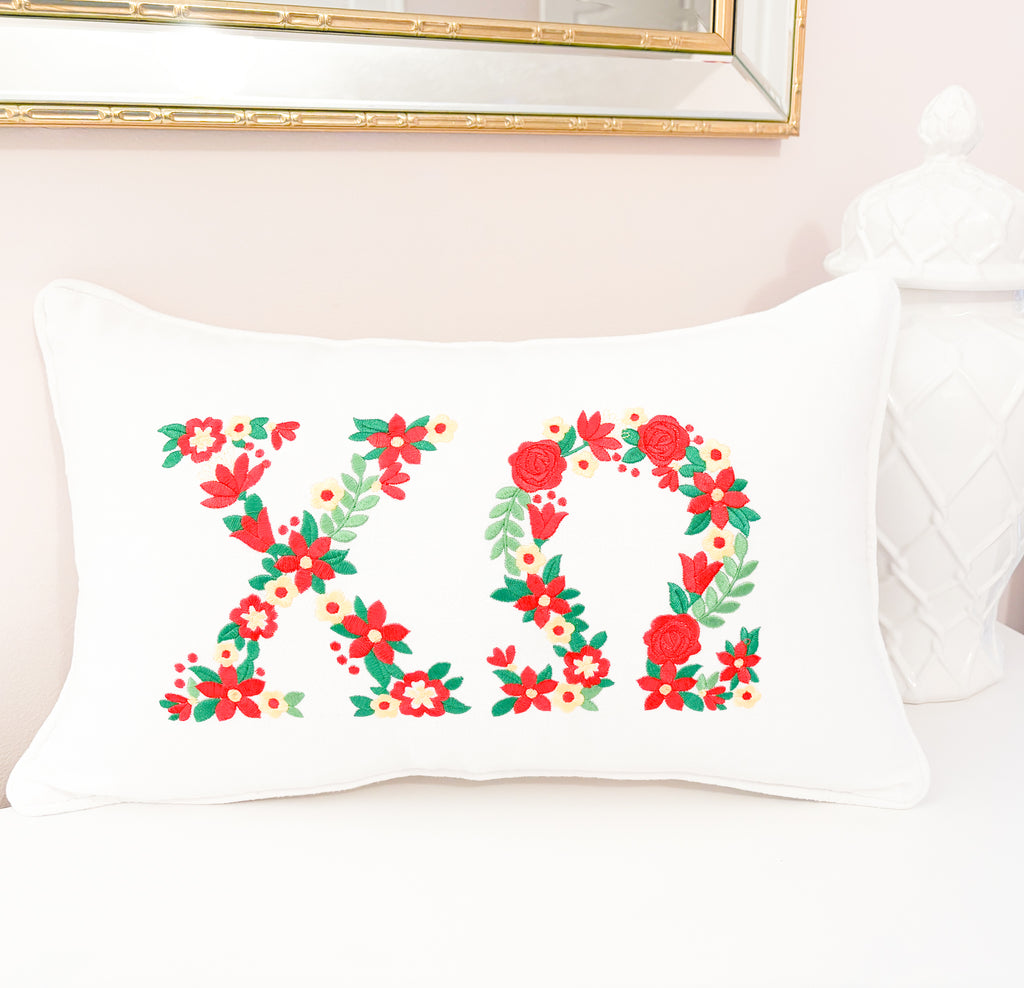 Custom Embroidered Floral Greek Letter White Linen Pillows