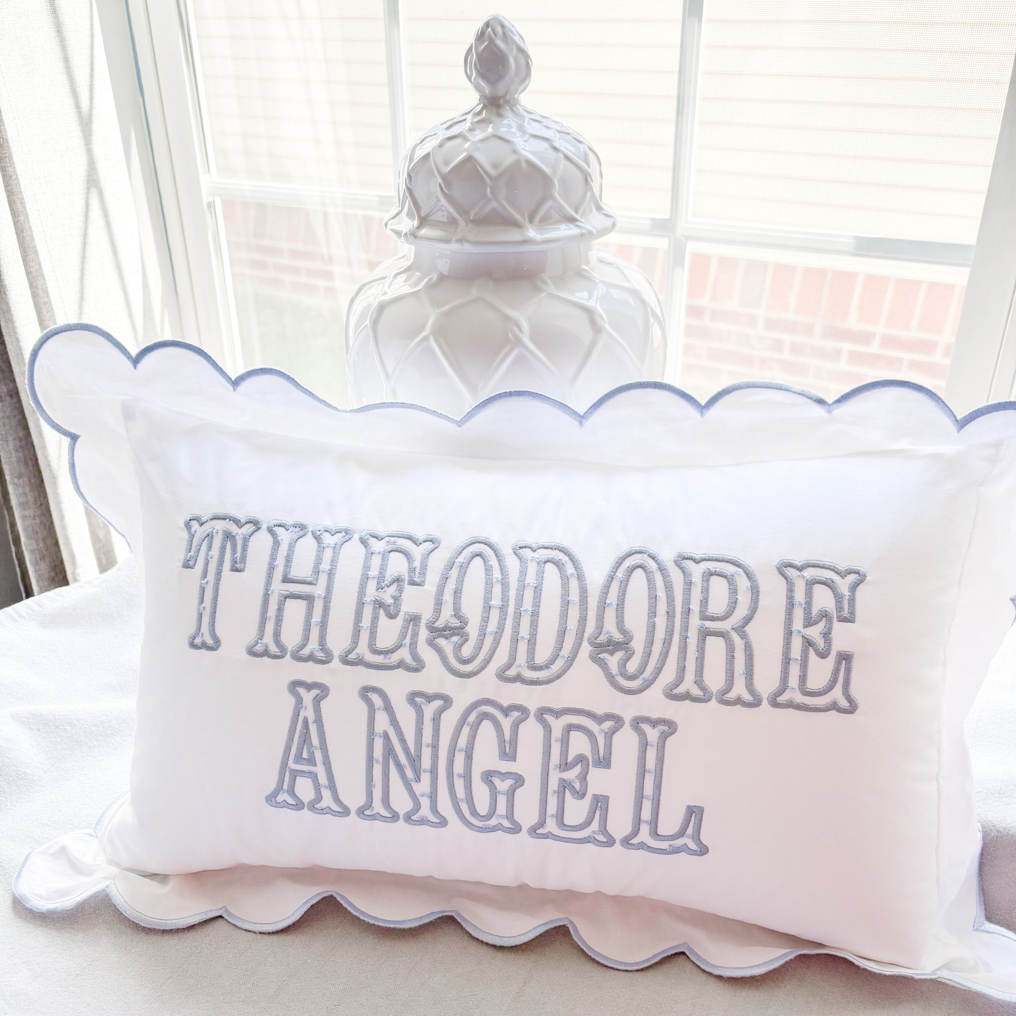 Blue Imperial Dot Scalloped Applique Pillow