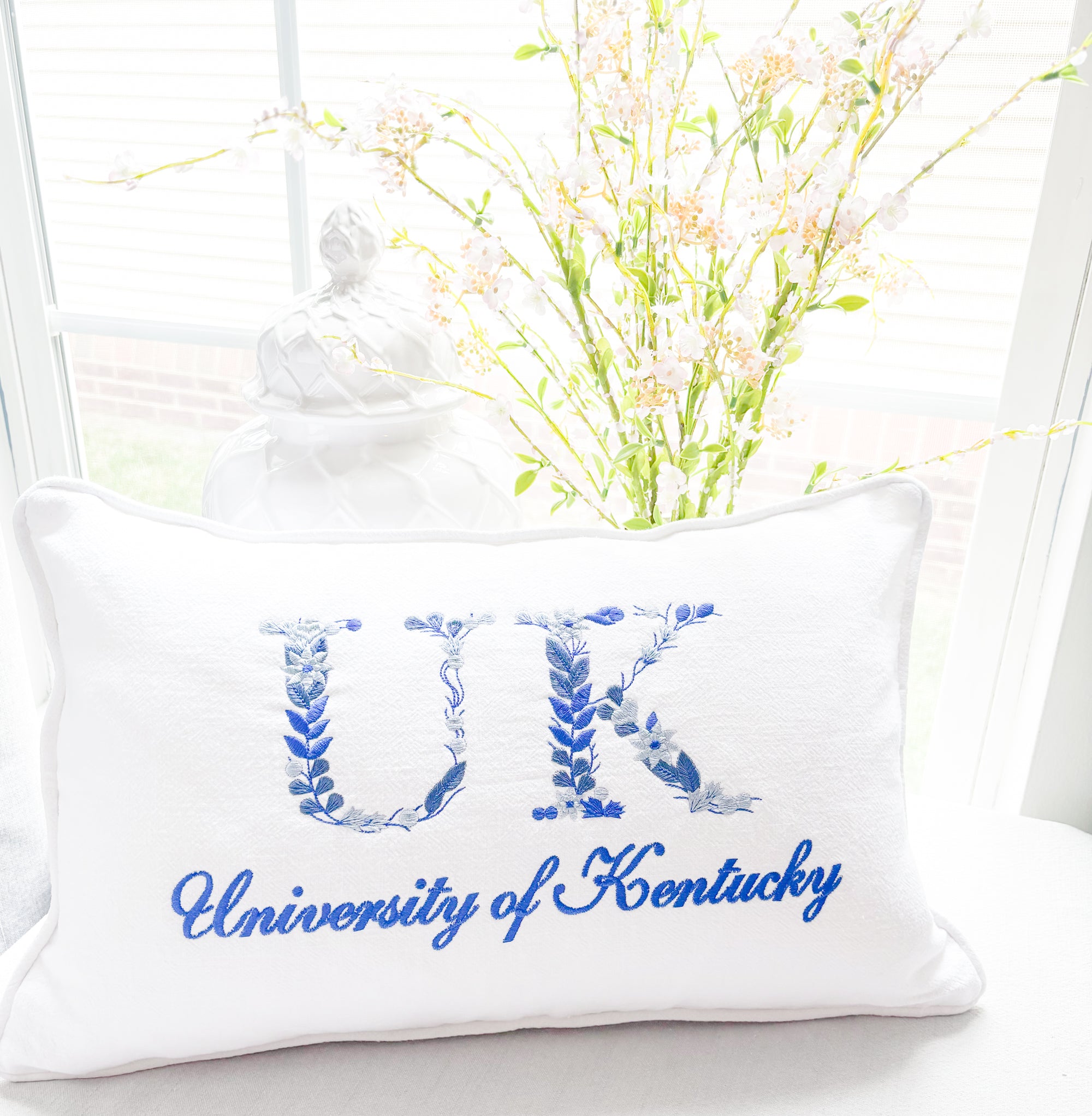 UK Embroidered Floral Greek Letter White Linen Pillow