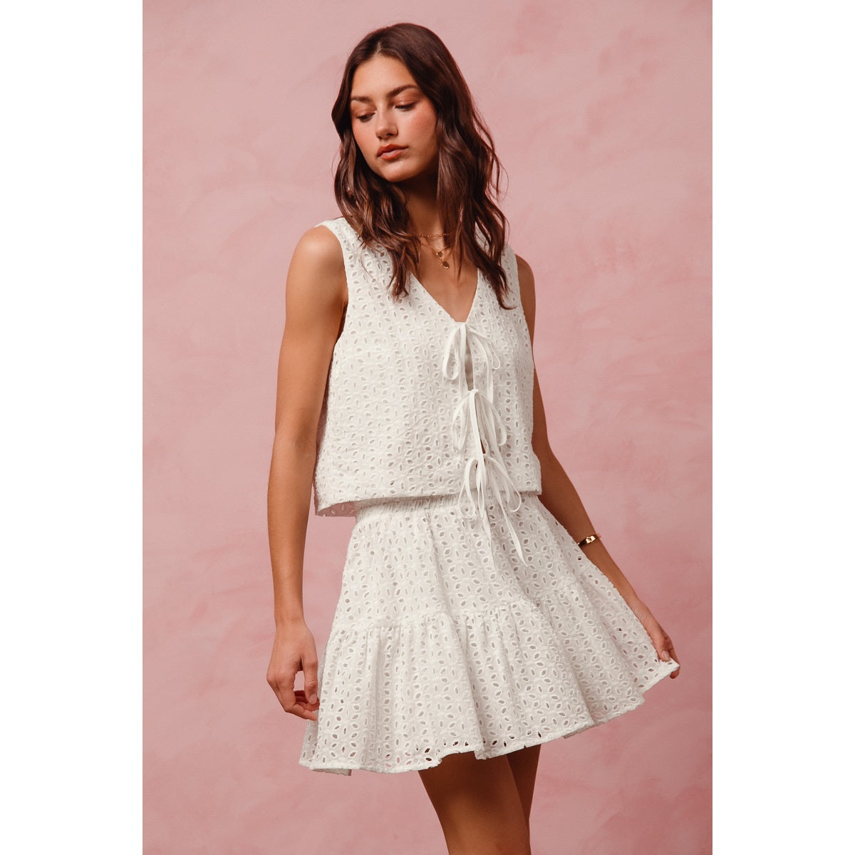 Floral Eyelet Lace Tie Vest Top and Mini Skirt Set