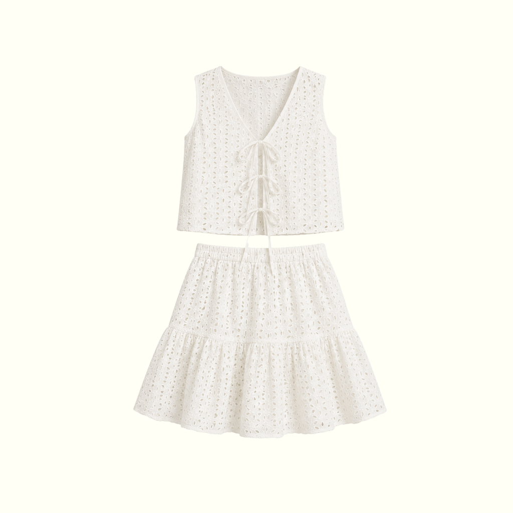Floral Eyelet Lace Tie Vest Top and Mini Skirt Set