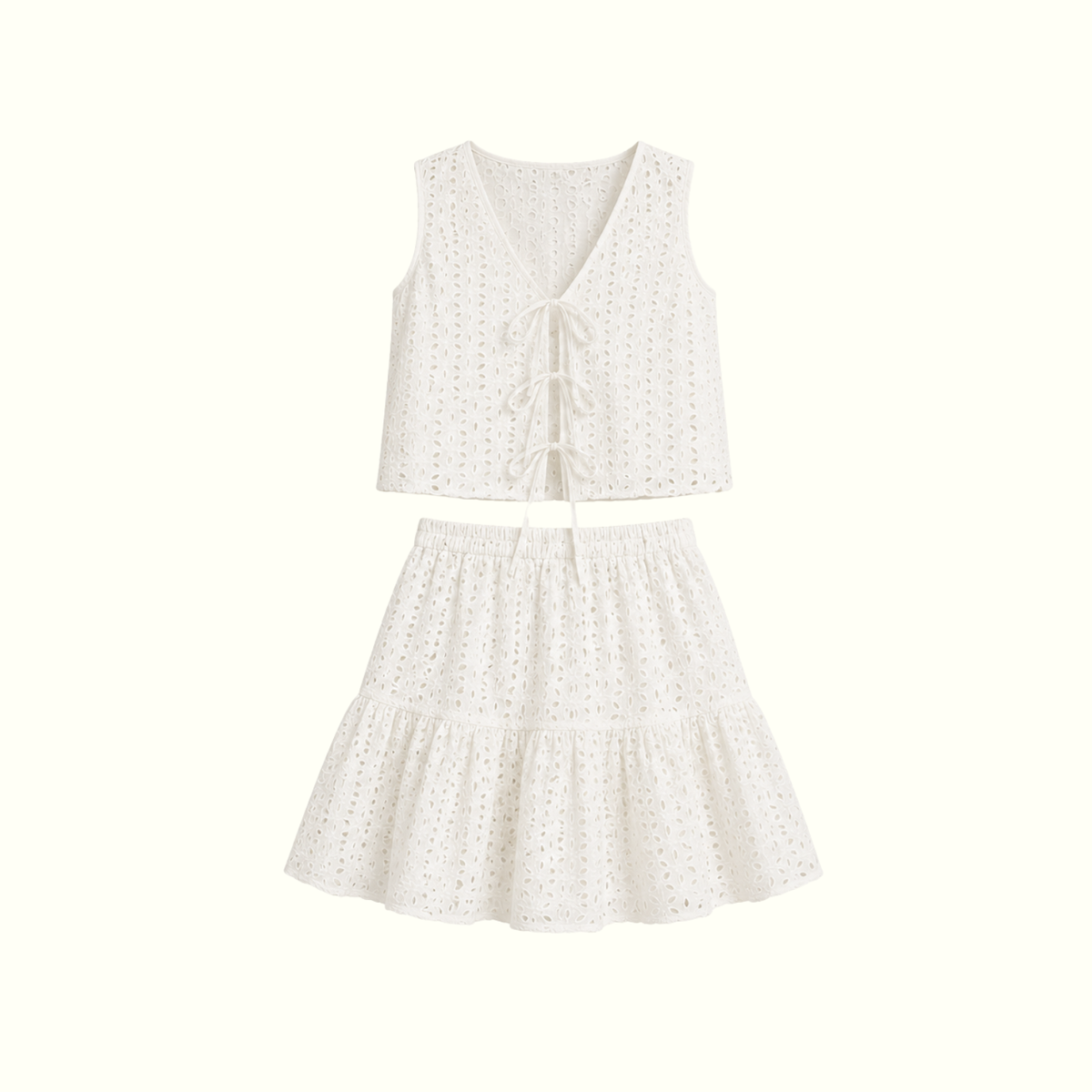 Floral Eyelet Lace Tie Vest Top and Mini Skirt Set