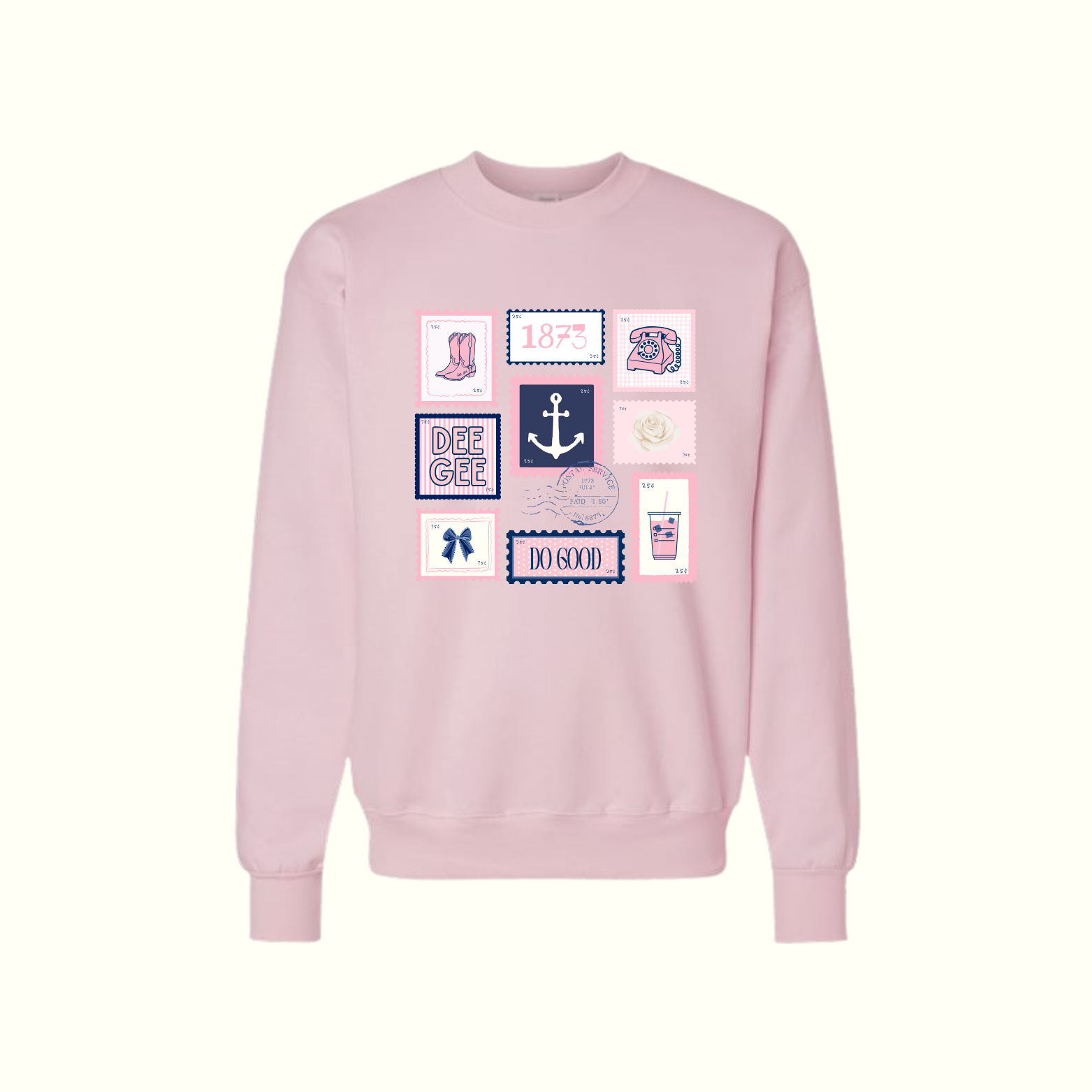 Delta Gamma Stamps Pink Crewneck - PRESH Exclusive